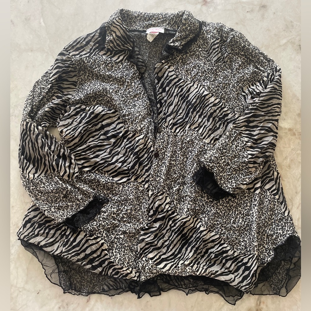Black and white zebra cheetah print flowy button up blouse